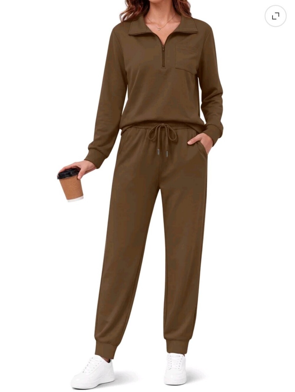 Fantaslook Women's Brown Ribbed 2-Piece Set 1/4 Zip Mock Neck Pants size 2 XL